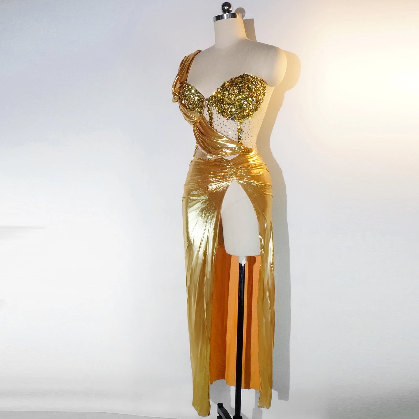 Gold Crystal Rhinestone Asymmetrical One Shoulder Women's Top + High Slit Maxi Skirt 2-Piece Formal Stage Costume Set