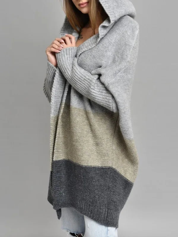 Colorblock Striped Open Stitch Women's Hooded Maxi Sweater