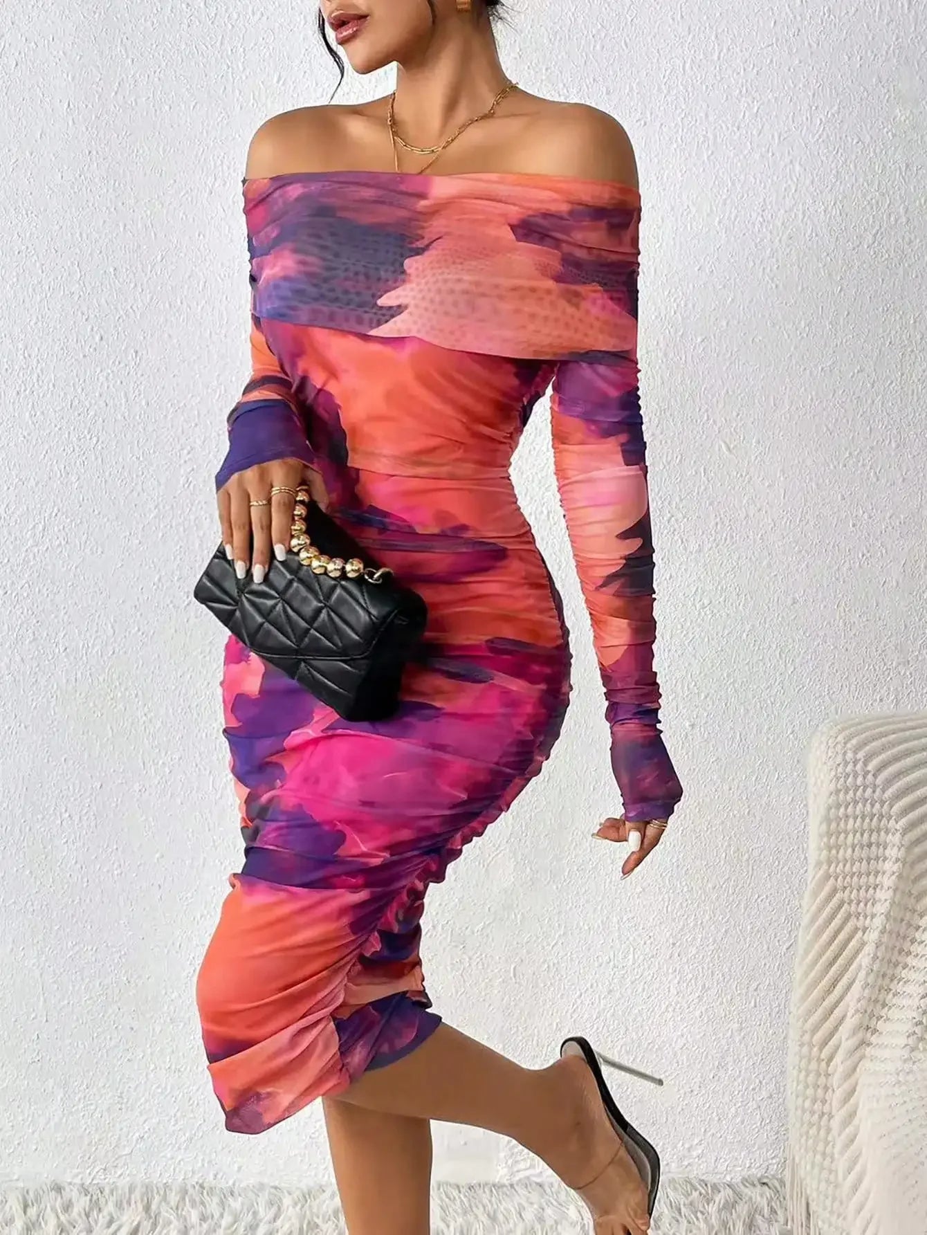 Tie-Dye Long Sleeve Ruched Off-the-Shoulder Bodycon Midi Dress