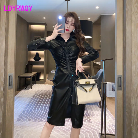 2021 spring new European station women's clothing temperament celebrity small pleated waist PU leather dress