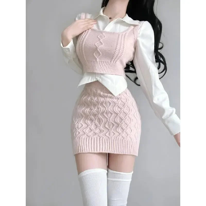 Knitted Sweater Vest + Mini Skirt + White Turn-Down Collar Long Sleeve Blouse 3-Piece Sweater Set