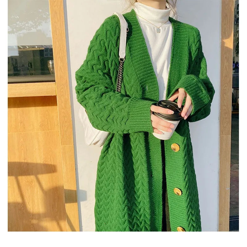 Knitted Twisted Weave Pattern Button Front Women's Maxi Cardigan Sweater