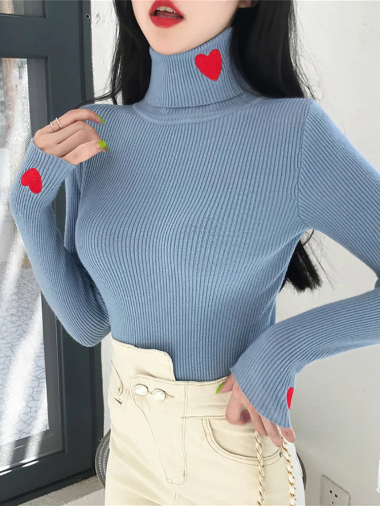 Heart Turtleneck Embroidered Knitted Women's Ribbed Pullover Sweater