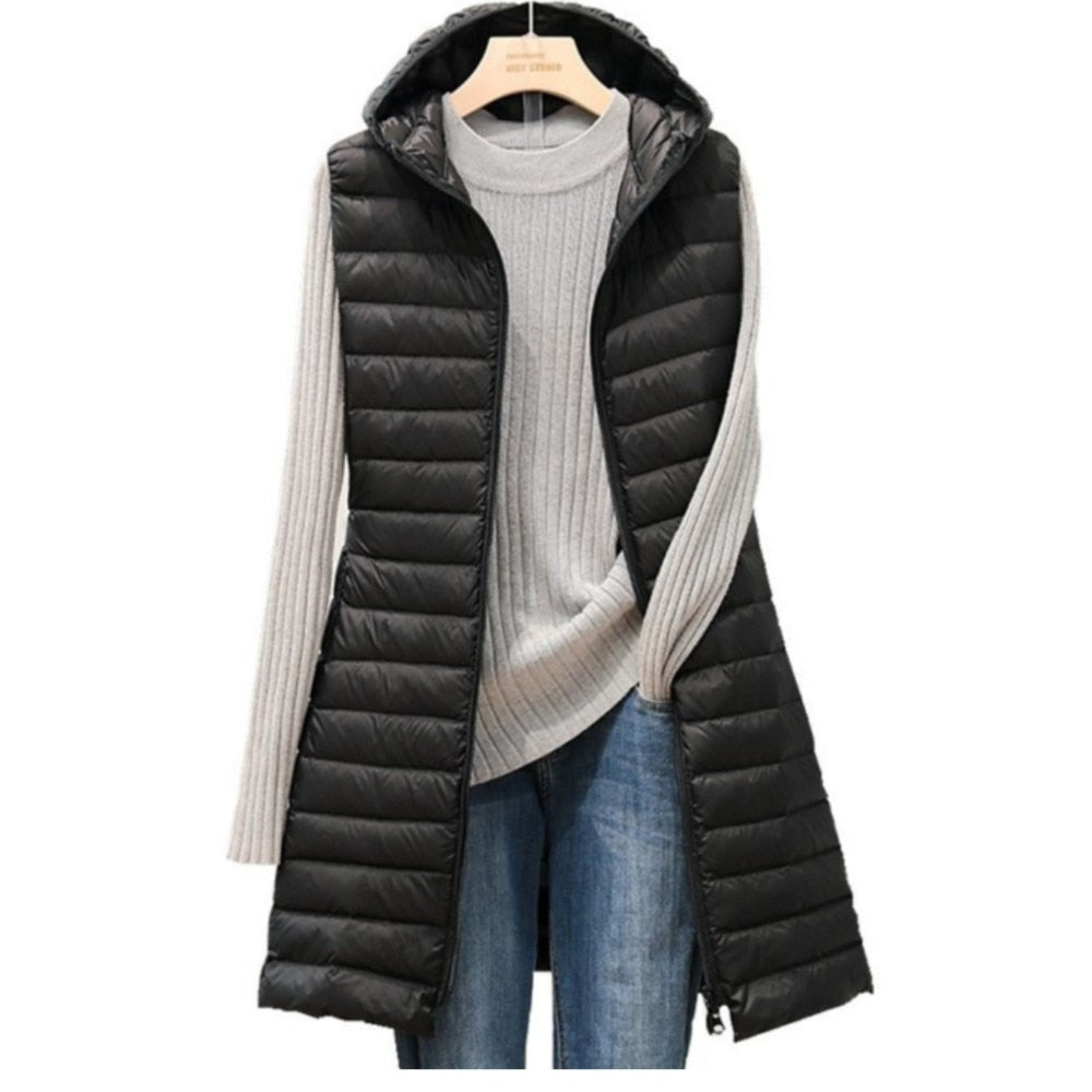 Hooded Lightweight Padded Cotton Down Maxi Vest