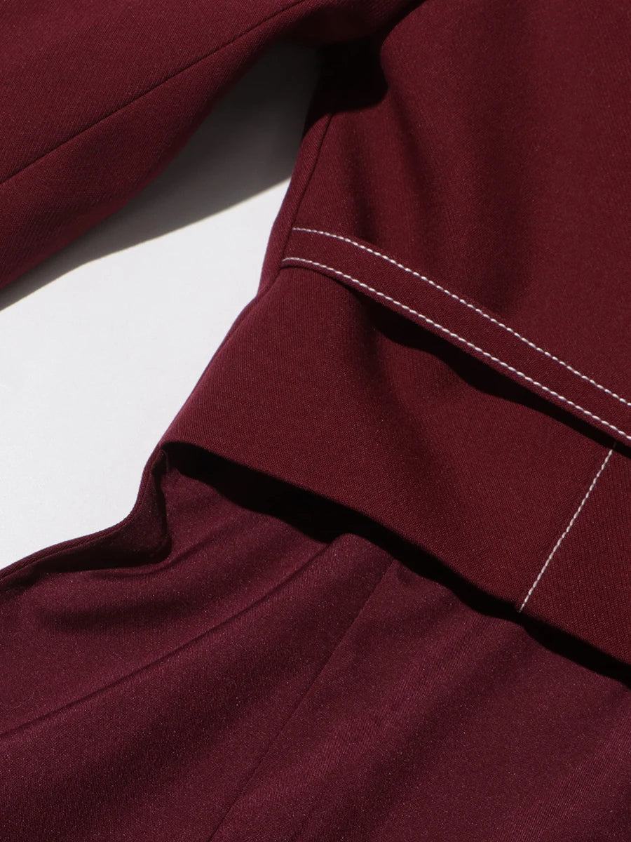Burgundy Irregular Notched Collar Double Strap Design Blazer Jacket + High Waist Straight Pants Women's Formal Suit