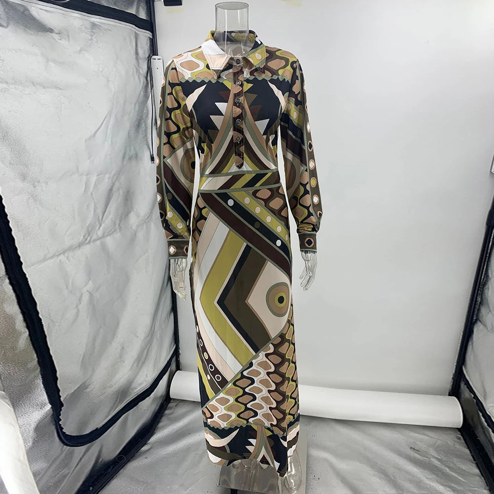 Geometric Print Turn-Down Collar Hollow-Out Long Sleeve High Waist Spliced Button-Up Maxi Dress