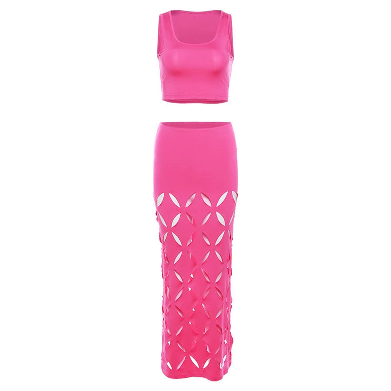 Sleeveless Solid Color Cropped Tank Top + Geometric Hollow-Out Floral Pattern Midi Skirt Women's 2-Piece Set