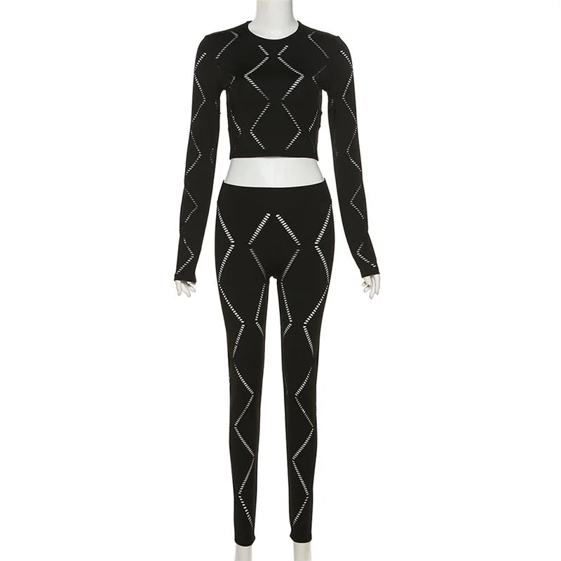 Knitted Geometric Pattern Long Sleeve Crop Top + Matching Biker Shorts Women's Solid Color 2-Piece Set