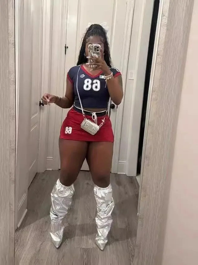 Letter Print V-Neck Crop Top + Drawstring Streetwear Mini Skirt Women's 2-Piece Set