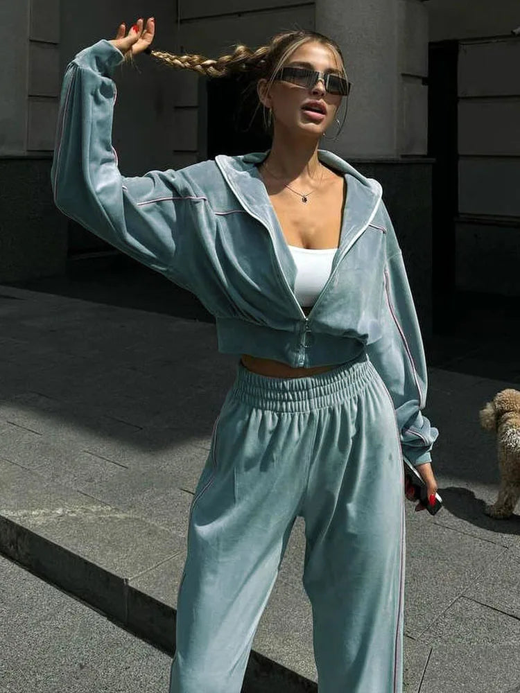 Velvet Solid Color Zipper Lapel Jacket + Wide Leg Sweatpants Women's Tracksuit