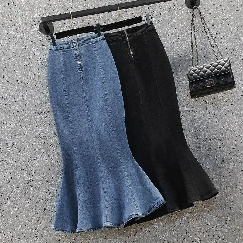 Blue/Black Denim High Slit Hip-Wrap Flared Jean Mermaid Trumpet Skirt