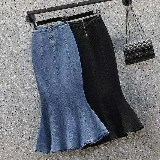 Blue/Black Denim High Slit Hip-Wrap Flared Jean Mermaid Trumpet Skirt