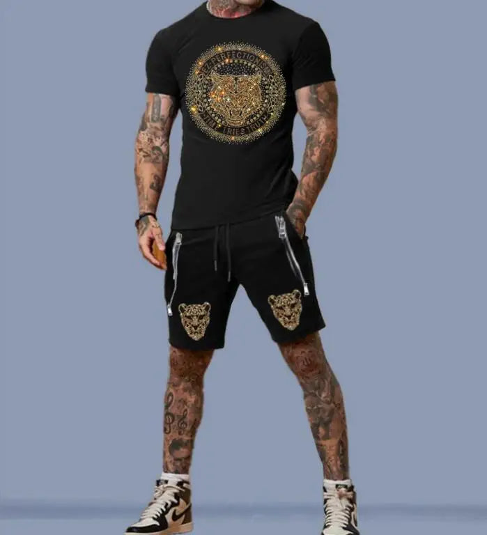 Men's Glitter Metallic Glitter Rhinestone Tiger/King/Lion/Skull/Eagle Graphic Print + Zipper Design Shorts 2-Piece Set