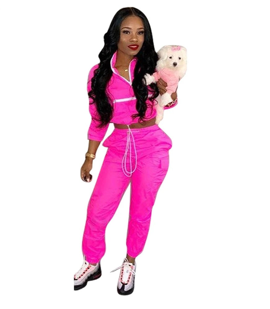 Neon Turn Down Collar Women's Long Sleeve Zipper Jacket + Drawstring Sweatpants 2-Piece Set Tracksuit