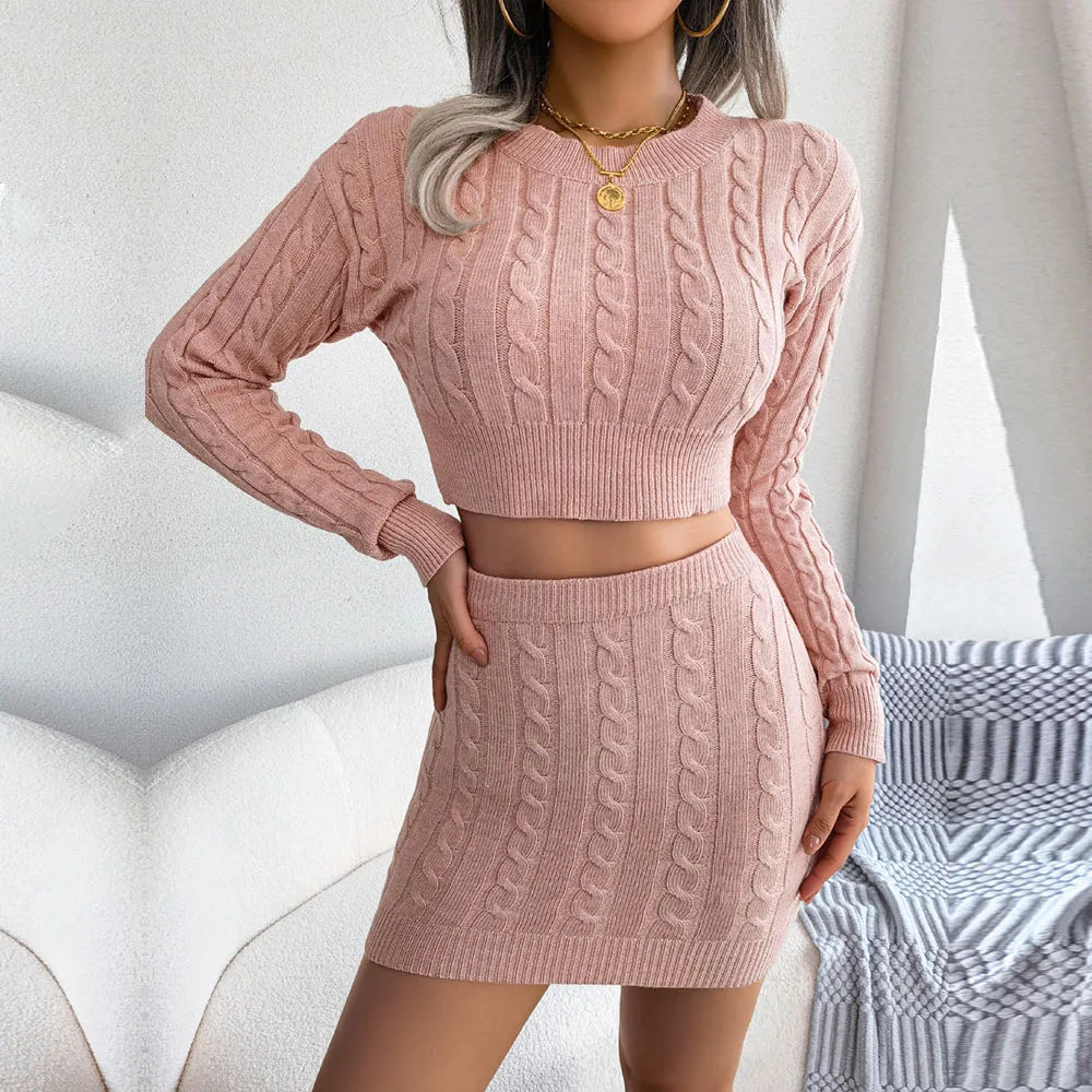 Cropped Knitted Long Sleeve Sweater + Hip Mini Skirt 2-Piece Set