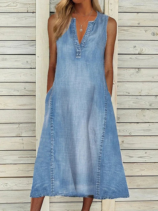 Denim Sleeveless Light Blue Washed A-Line V-Neck Denim Loose Midi Pocketed Jean Dress to 3X