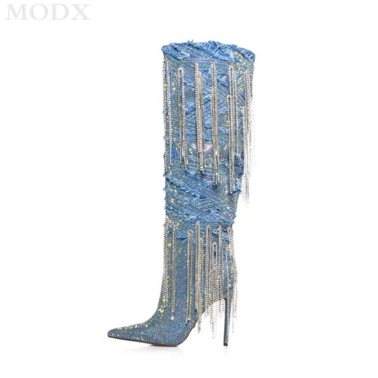 Denim Crystal Metallic Tassel Fringe Rhinestone Embellished Pointed Toe Stiletto Knee-High Western Cowgirl Boots