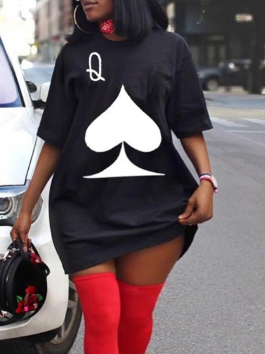 Queen Playing Card O-Neck Print T-Shirt Mini Dress