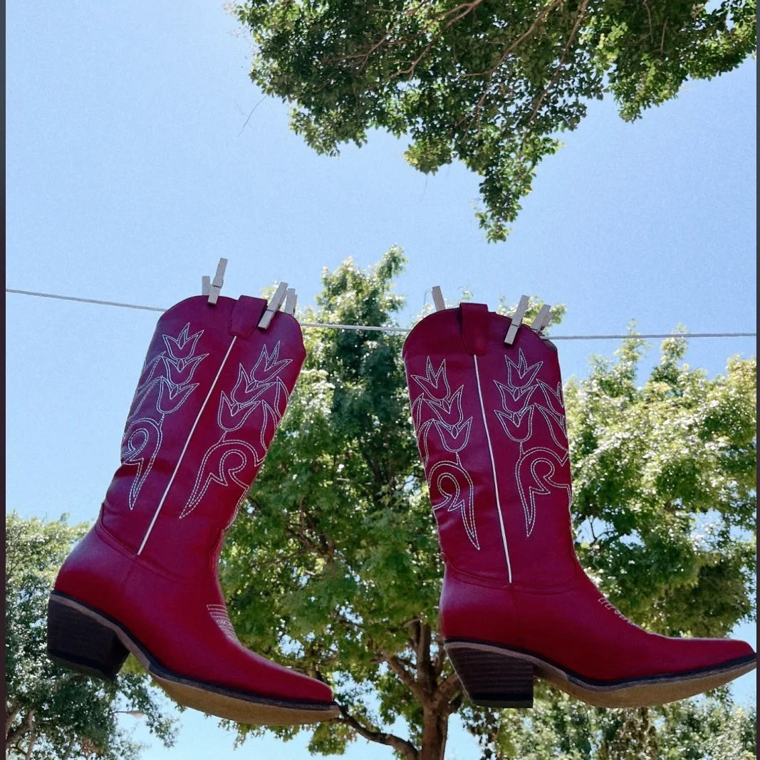 Red/Baby Blue Western Embroidered Pointed Thick Heel Women's Cowgirl Rodeo Knee-High Boots