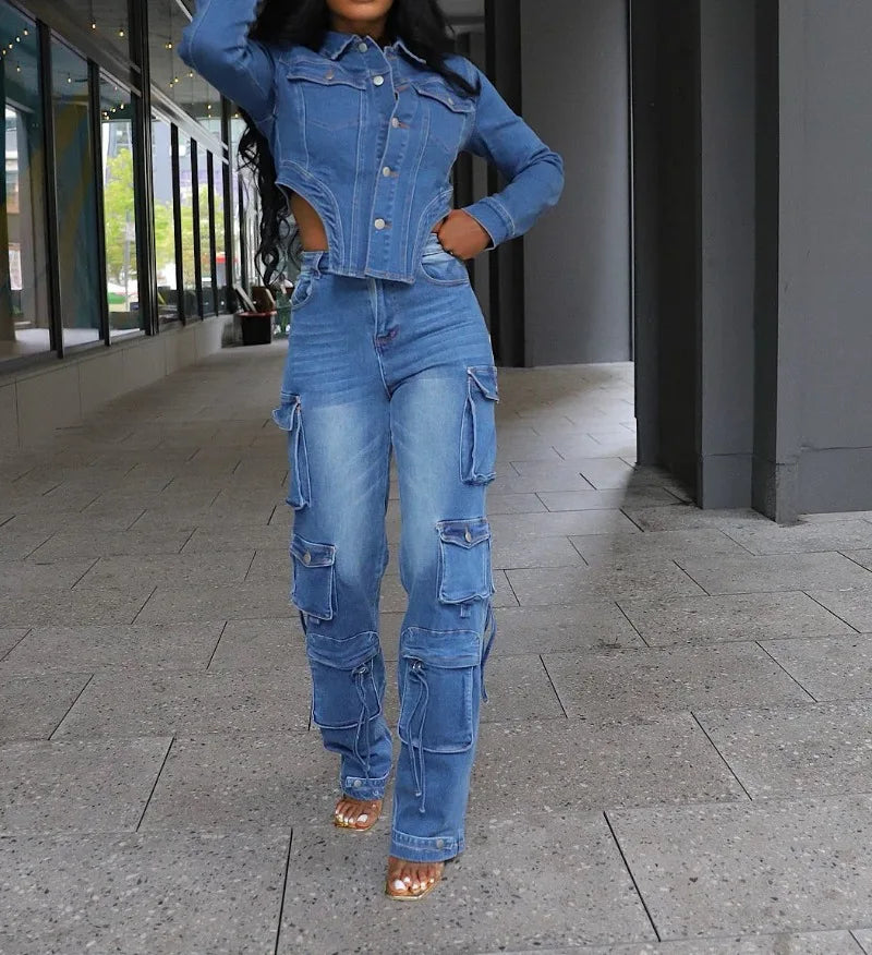 Denim Women's Long Sleeve Single Breasted Irregular Cropped Jean Jacket + Multi PocketHigh Waist Cargo Jeans 2-Piece Set