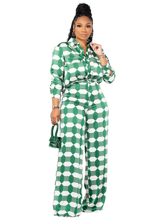 Checkered Plaid Print Long Sleeve Blouse + Matching Pants Women's Suit