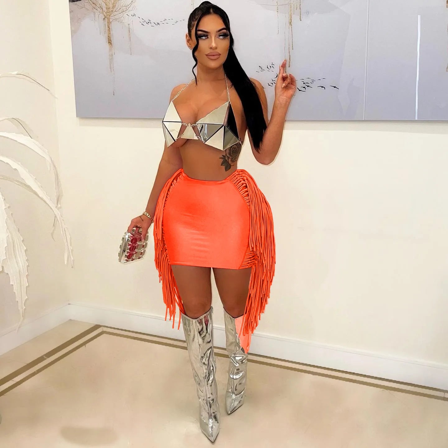 Hanging Fringe Tassel Design Bodycon Women's Solid Color Mini Skirts