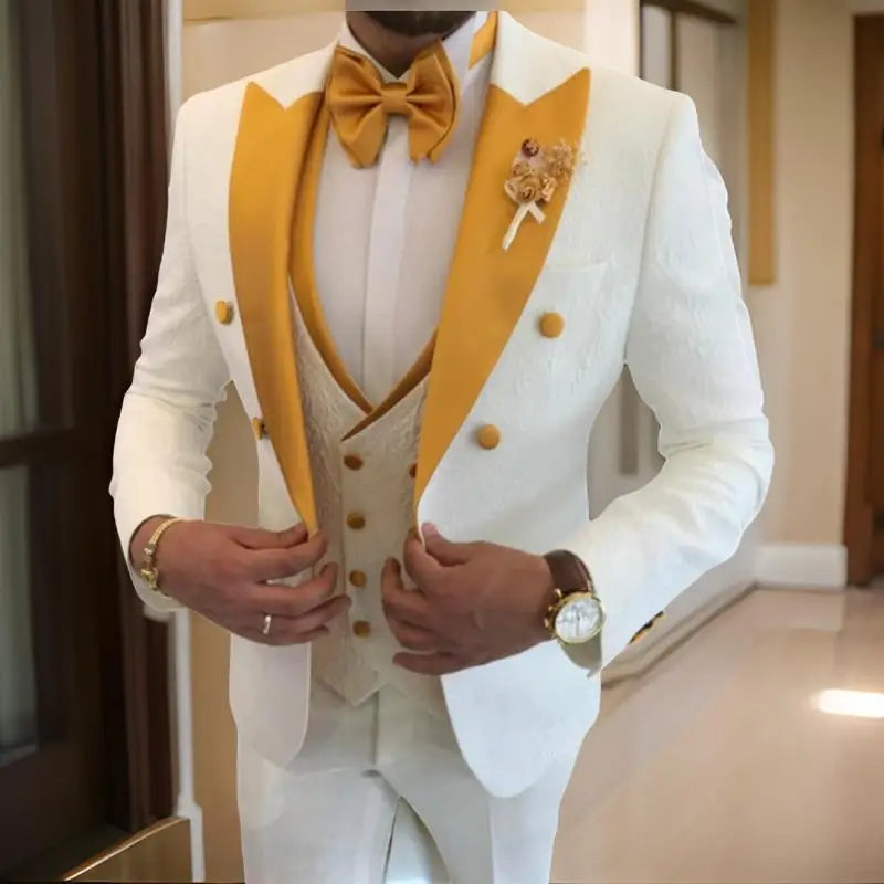 White/Yellow Men's Double Breasted Tuxedo Blazer Jacket with Vest & Pants 3-Piece Formal Prom/Wedding/Party Suit