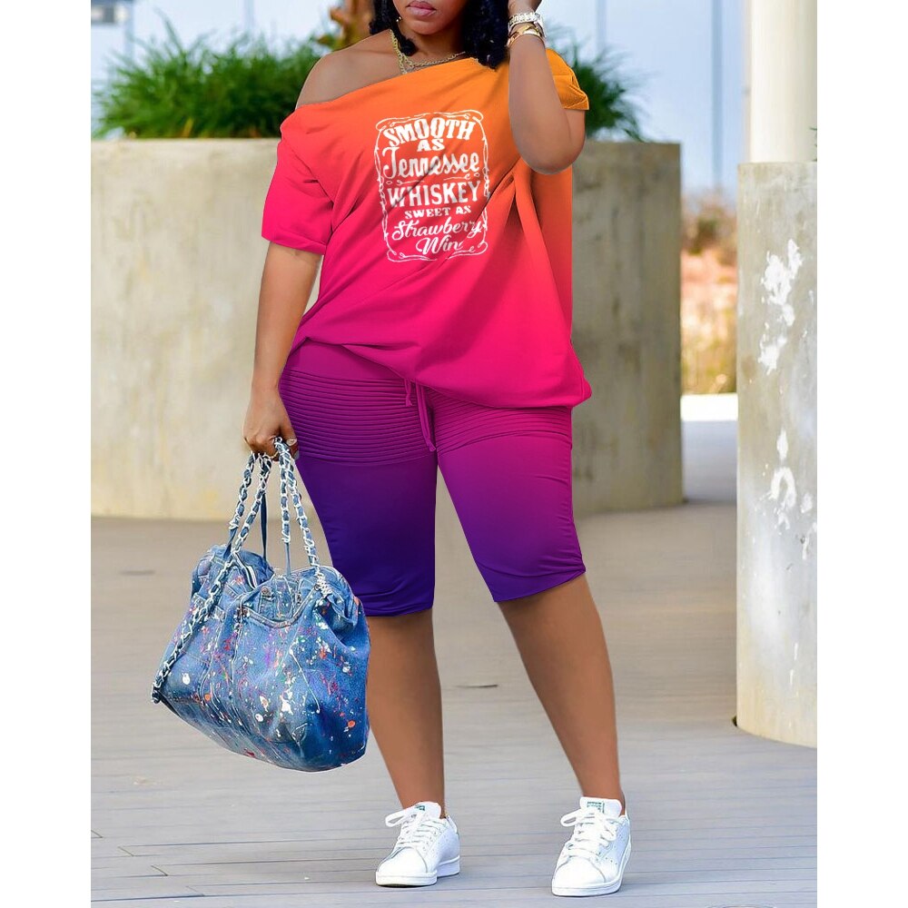 "Nope Not Today"/ Gradient Colorblock/ Geometric/"Queen" Lips Print Skew Neck Top & Women's Drawstring Shorts 2-Piece Set