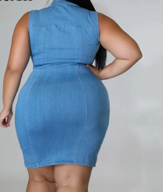 Denim Blue Solid Sleeveless Zipper Front Turn-Down Collar Bodycon Plus Size Jean Dress to 5X