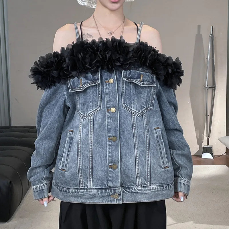 Denim Faded Light Blue Irregular Washed Black Rose Flower Trim Off-the-Shoulder Women's Double Pocket Design Jean Jacket