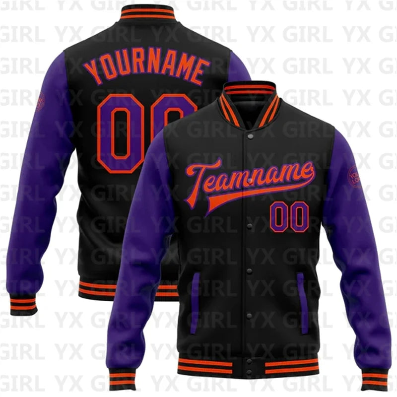 Customized Unisex  2-Tone Colorblock Personalized Black/Purple/Teal/Full-Snap Letterman Baseball Button Varsity Bomber Jacket