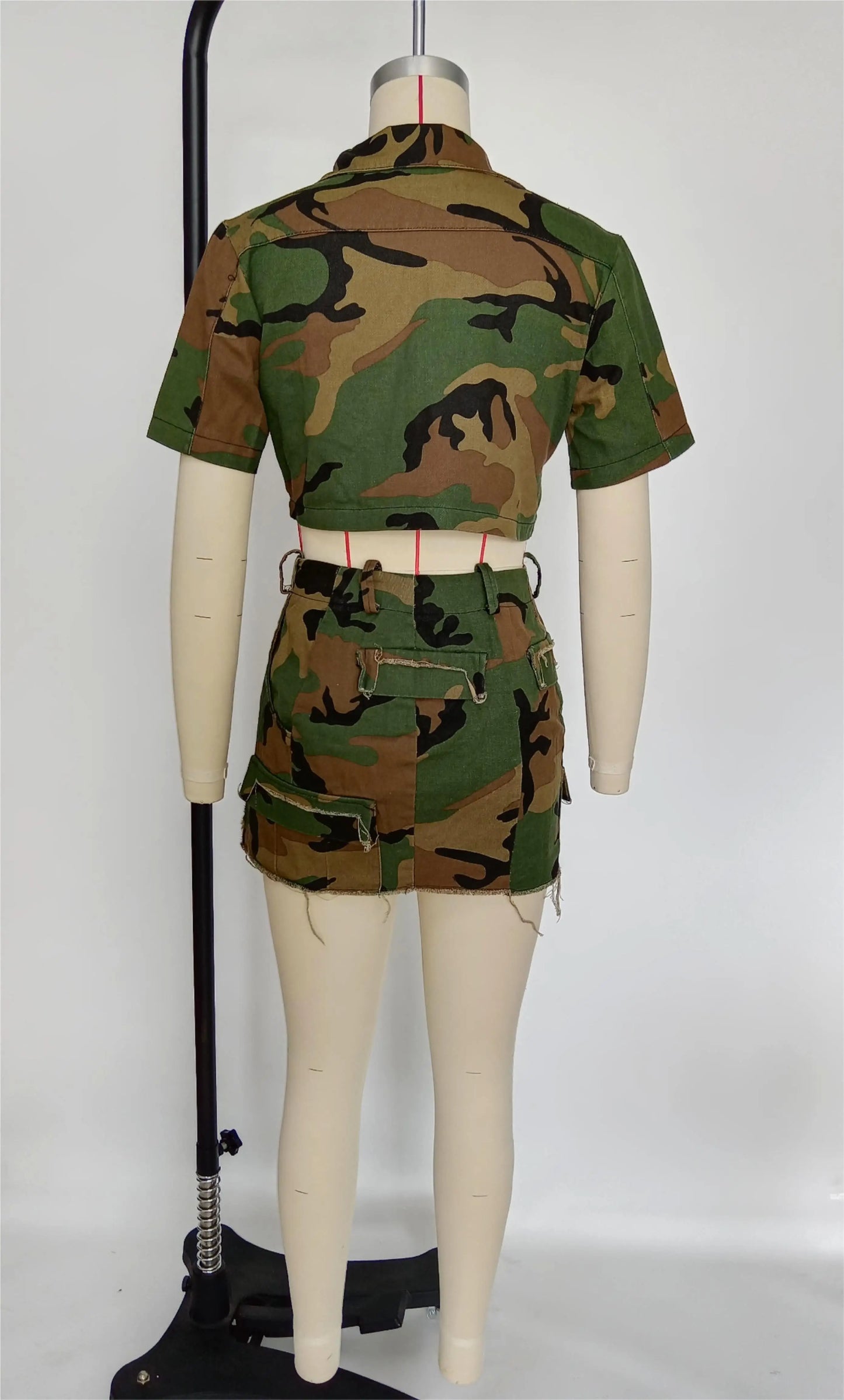 Camouflage Ladies 2-Piece Streetwear Set: Irregular Short Sleeve Buttoned Crop Top + High Slit Mini Skirt