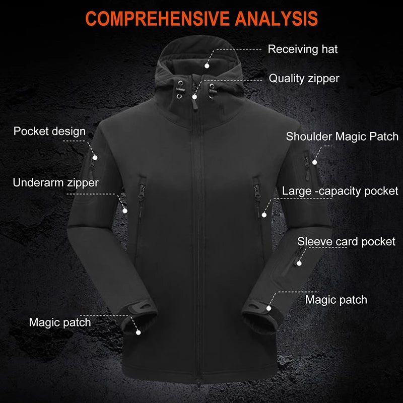 Men's Velvet Soft Shell Military Sharkskin Storm Jacket Zipper Hiking/Fishing 2-Piece Cargo Pants Outdoors Set