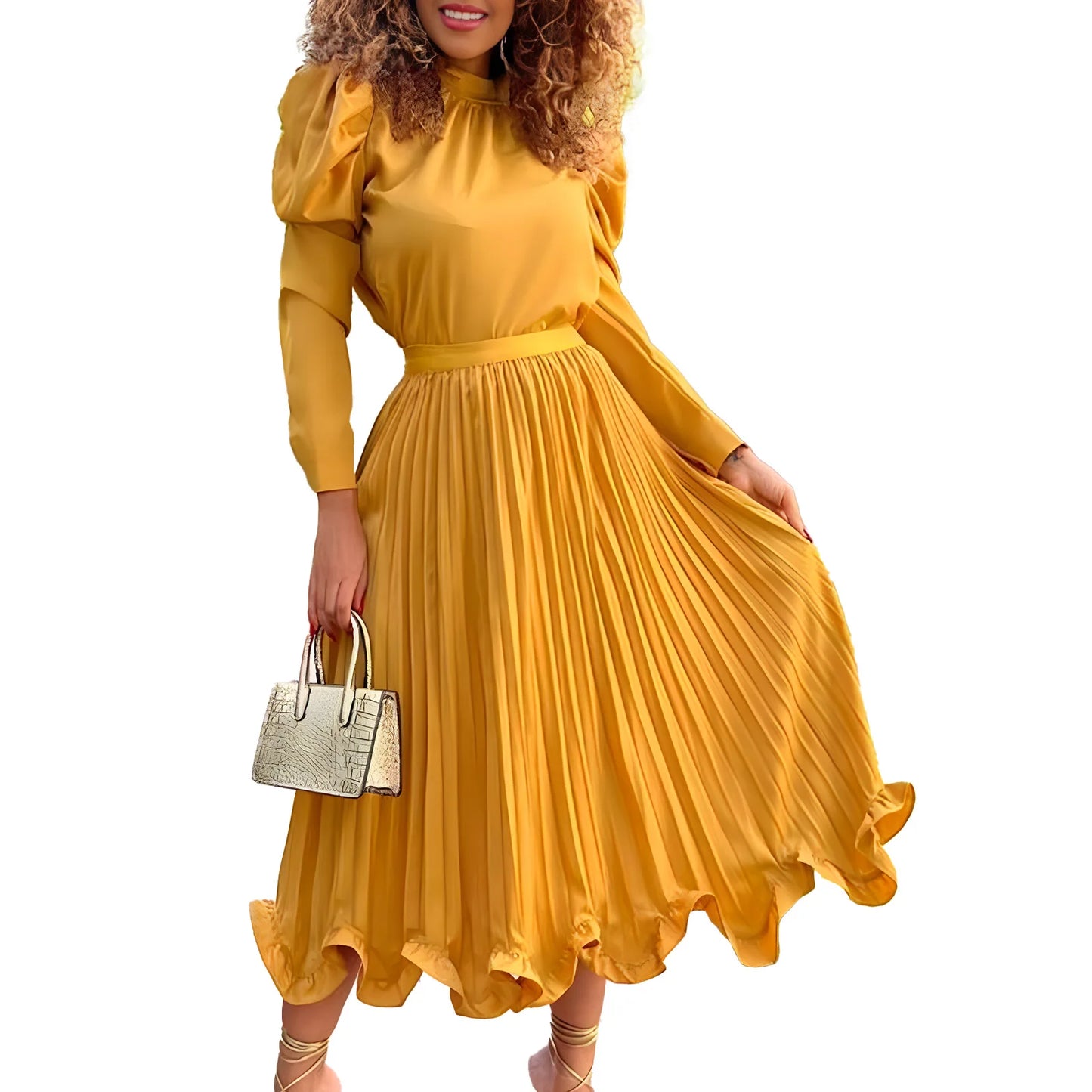 Solid Long Sleeve O-Neck Blouse + Pleated Maxi Skirt 2-Piece Set