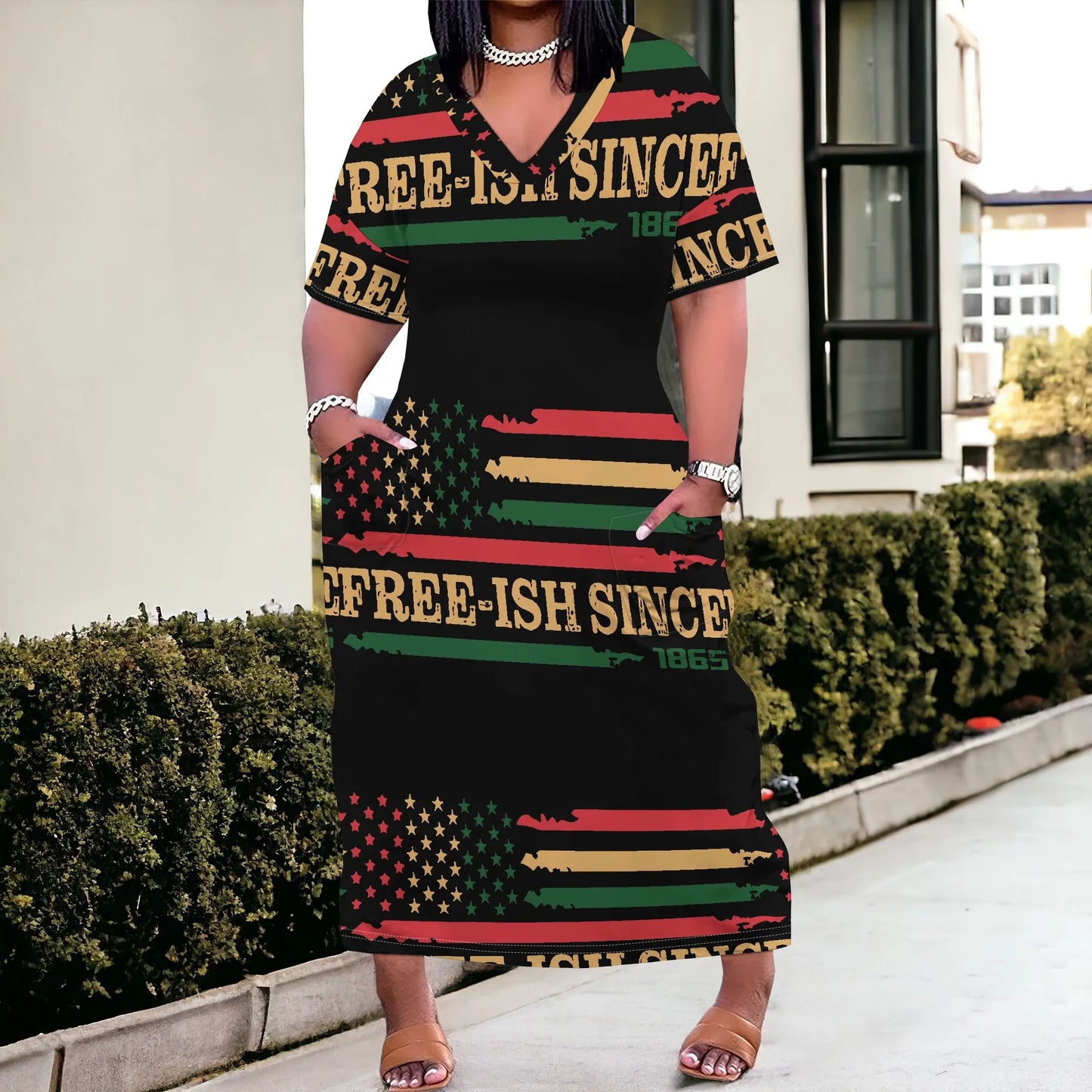 Juneteenth Flag African Colored Striped Short Sleeve Maxi Dress to 6X Plus Size