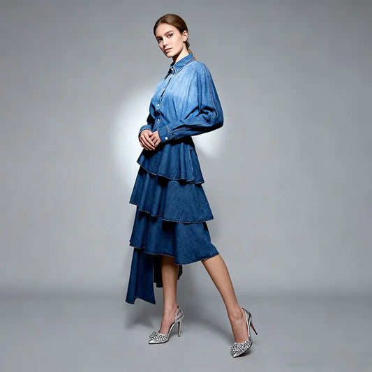 Denim Blue Gradient Colorblock Long Sleeve Turn-Down Collar Jean Shirt + Ruffled Tiered Layered Hi-Lo Tutu Jean Skirt Women's 2-Piece Set