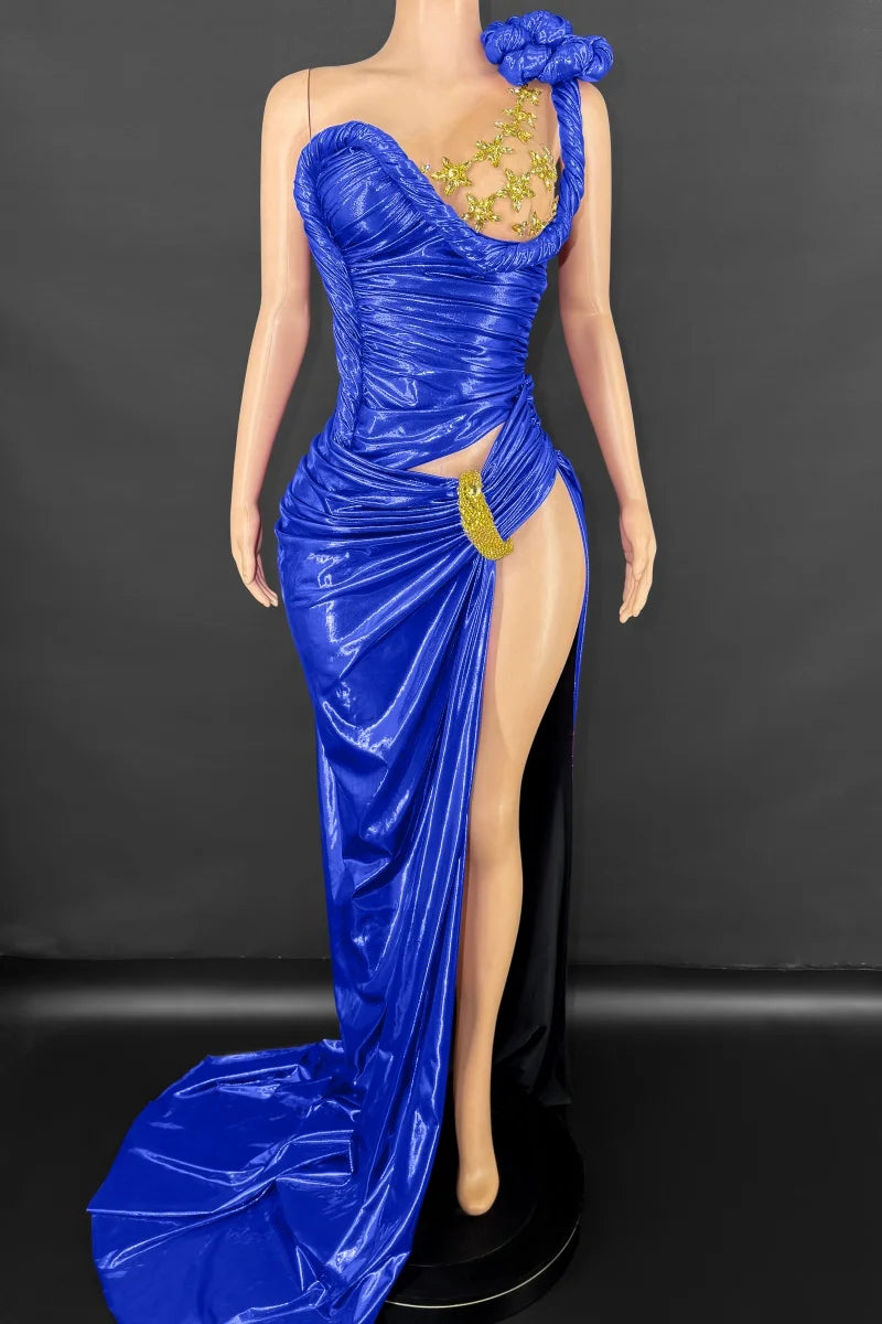 Irregular Sleeveless Ruched Faux Leather Rhinestone Asymmetrical Sexy One Sleeve High Slit Floor-Length Maxi Bodycon Formal Party/Prom Dress