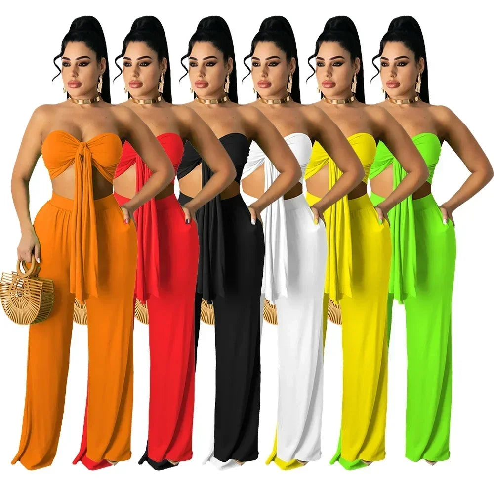 Strapless Hollow-Out  Hatler Neck Crop Top + Leggings Bodycon Solid Color Women's 2-Piece Set
