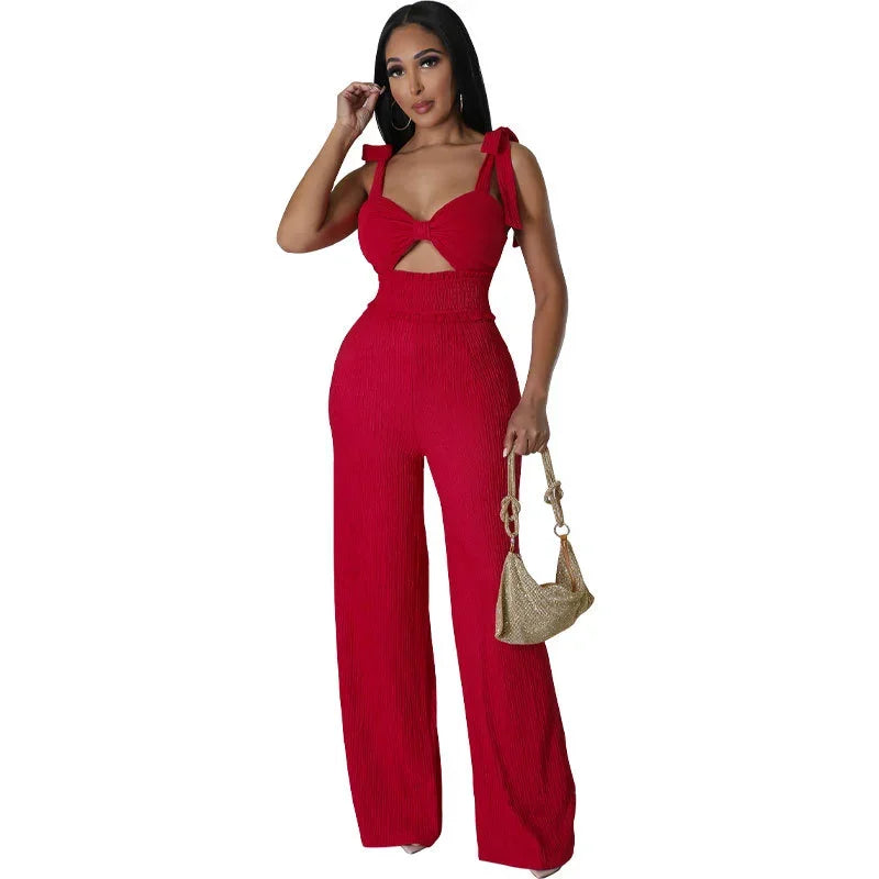 Bowknot Strap Temperament Open Back Cut-Out Pleated Solid Jumpsuit