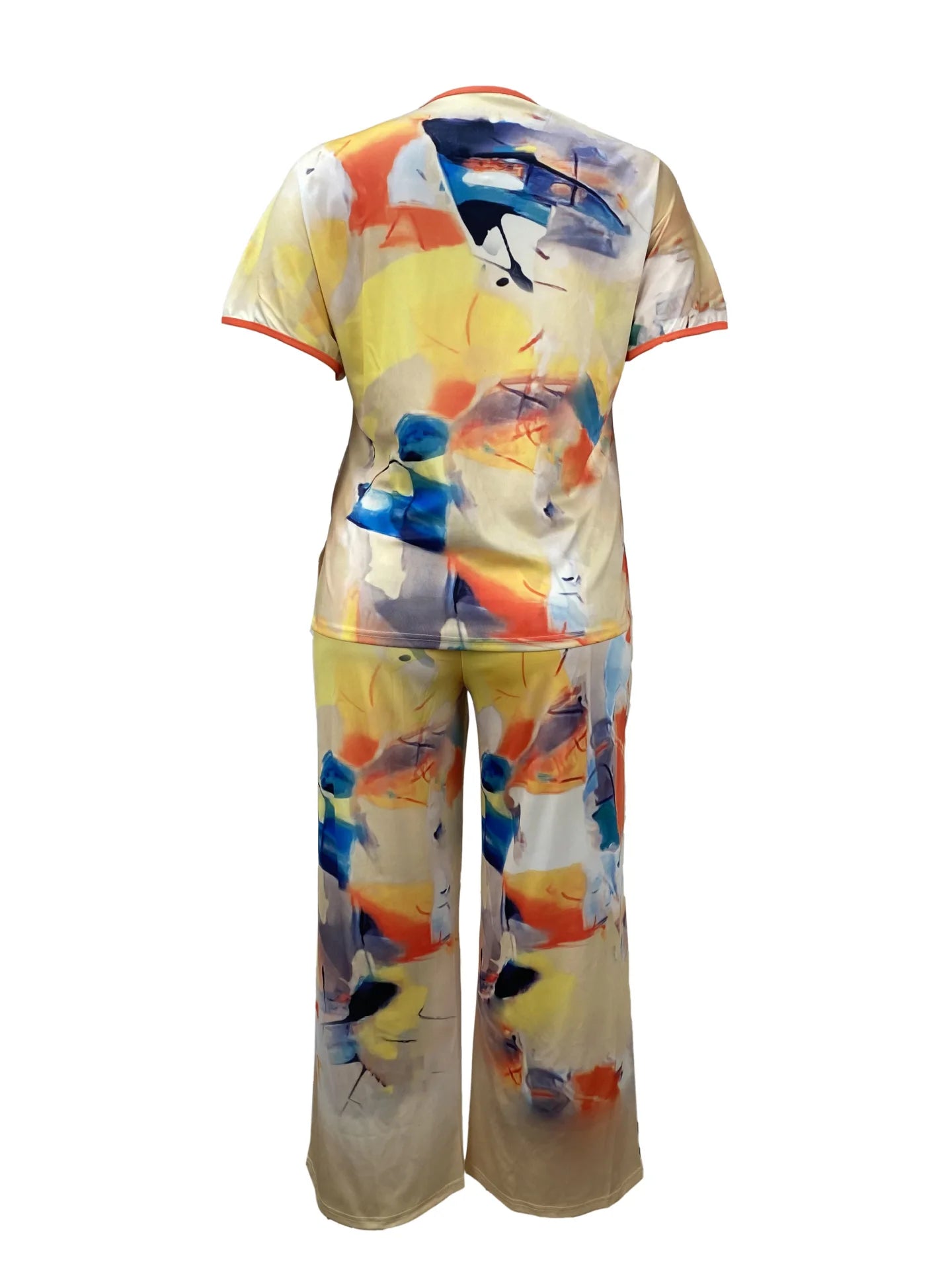 Geometric Satin Multi-Colored Short Sleeve Blouse + Loose Pants 2-Piece Set to 5X Plus Size