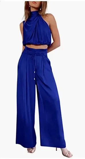 Sleeveless Turtleneck Ruched Crop Top + Bell Bottom Wide Leg Women's Pants 2-Piece Set