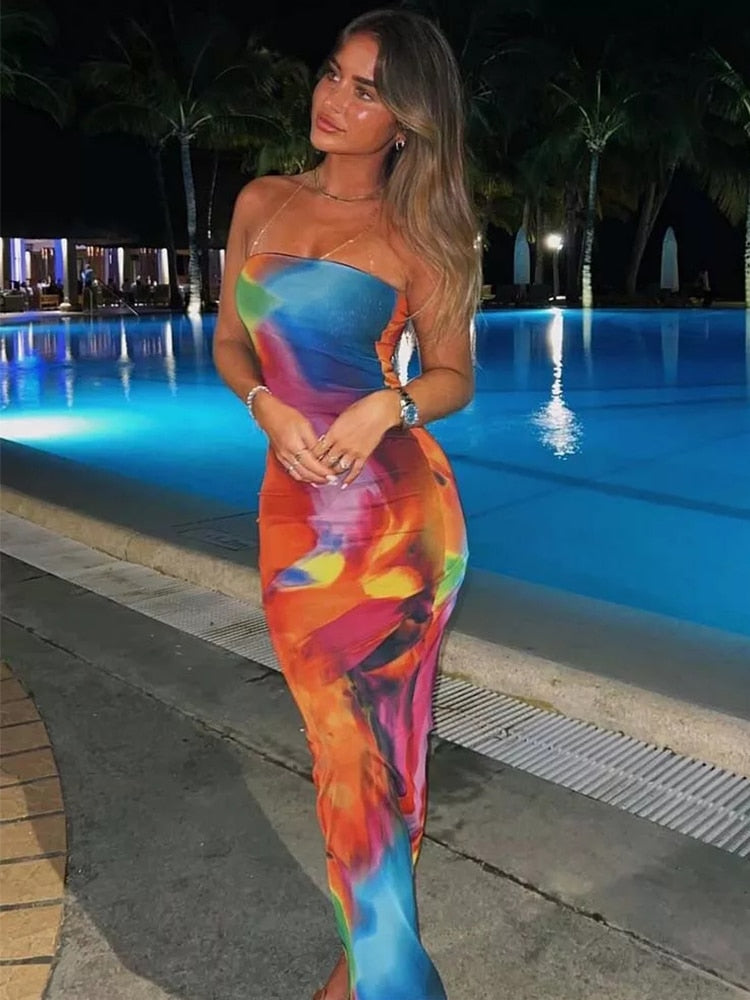 Tie-Dye Gradient Bandeau Backless Sleeveless Tube Maxi Dress