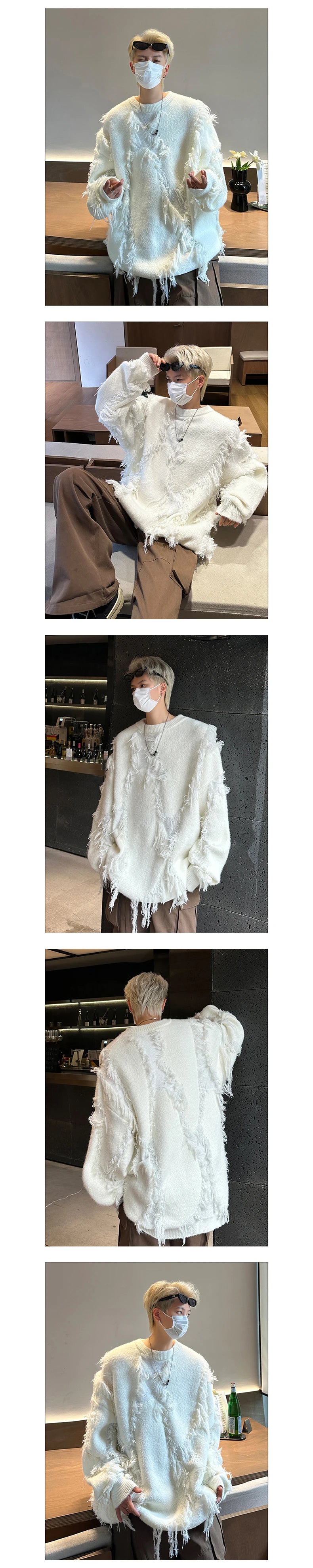 Men's Ripped Oversized Tassels Fringe Women's Streetwear Pullover Knitted O-Neck Sweaters