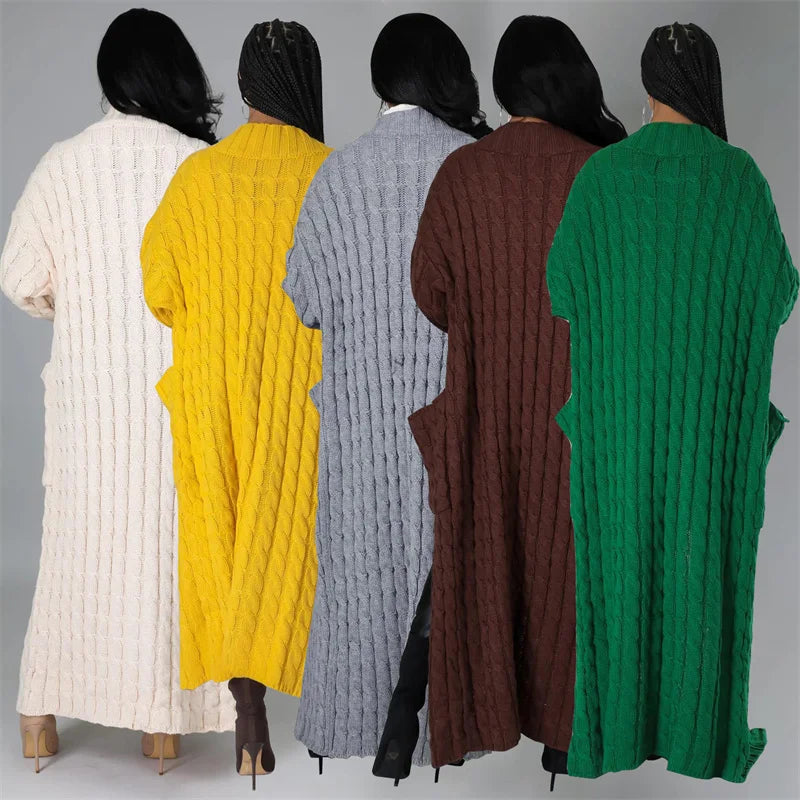 Knitted Weave Pattern Ribbed Maxi Cardigan Sweater