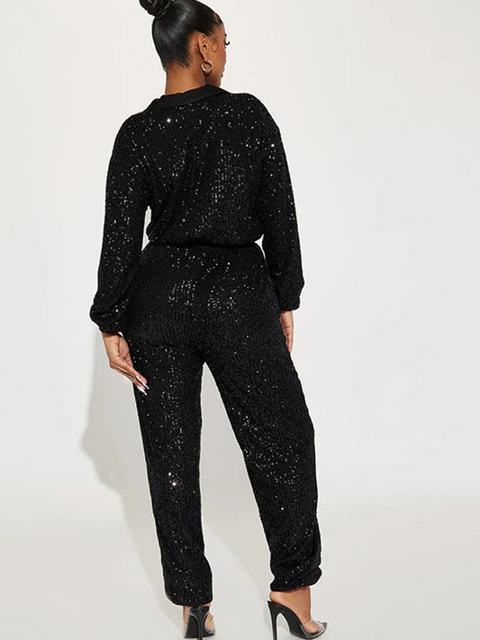 Sequin Zipper Front Long Sleeved Drawstring Jumpsuit