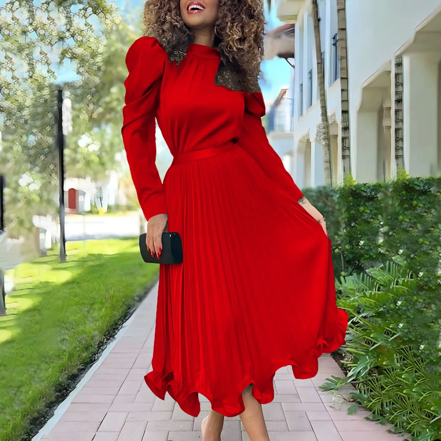 Solid Long Sleeve O-Neck Blouse + Pleated Maxi Skirt 2-Piece Set