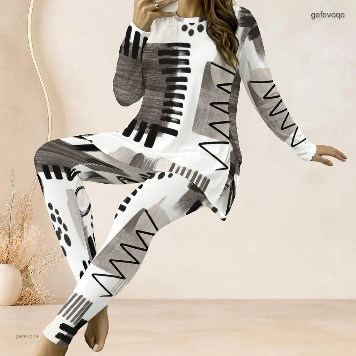 Tie-Dye/Floral/Geometric Striped Stripe Print O-Neck Long Sleeve Women's Longline Top + Fitted Long Pants 2-Piece Set