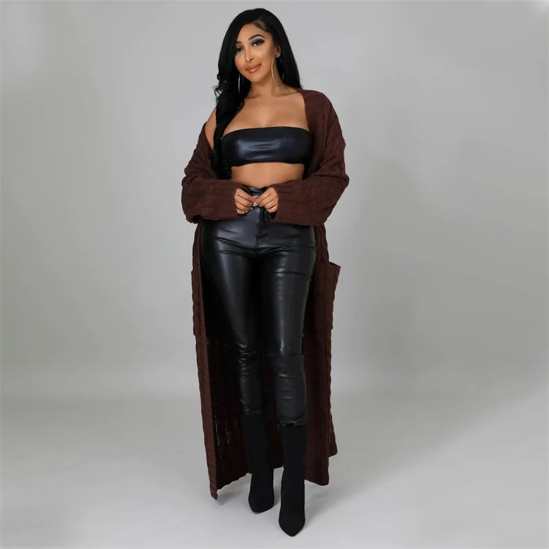 Knitted Weave Pattern Ribbed Maxi Cardigan Sweater