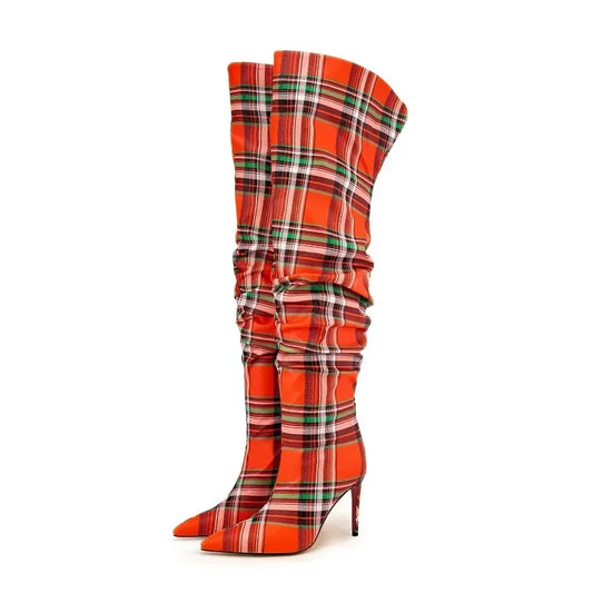 Plaid Pleated Red/Green Checker Block Print Fabric Knee-High Women's Sleeve Boots