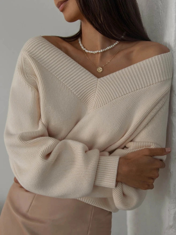 Vintage Oversized Knitted V-Neck Jumper Long Sleeve Women's Sweaters